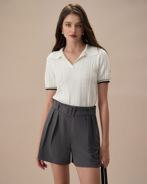 Women's Grey High-Waisted Belted Pleated Shorts - Image 3